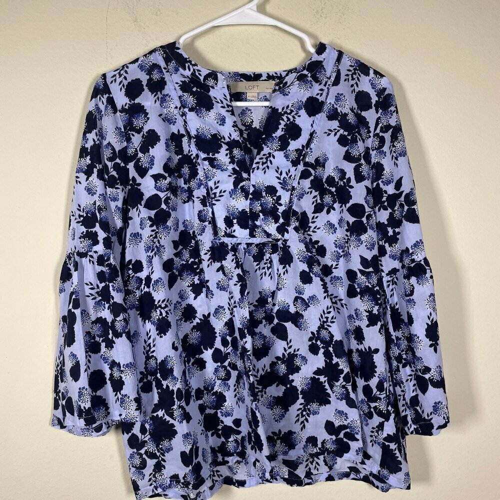 Loft Women's Navy & Blue Wide 3/4 Sleeve Floral Semi-Sheer Top MP Peplum